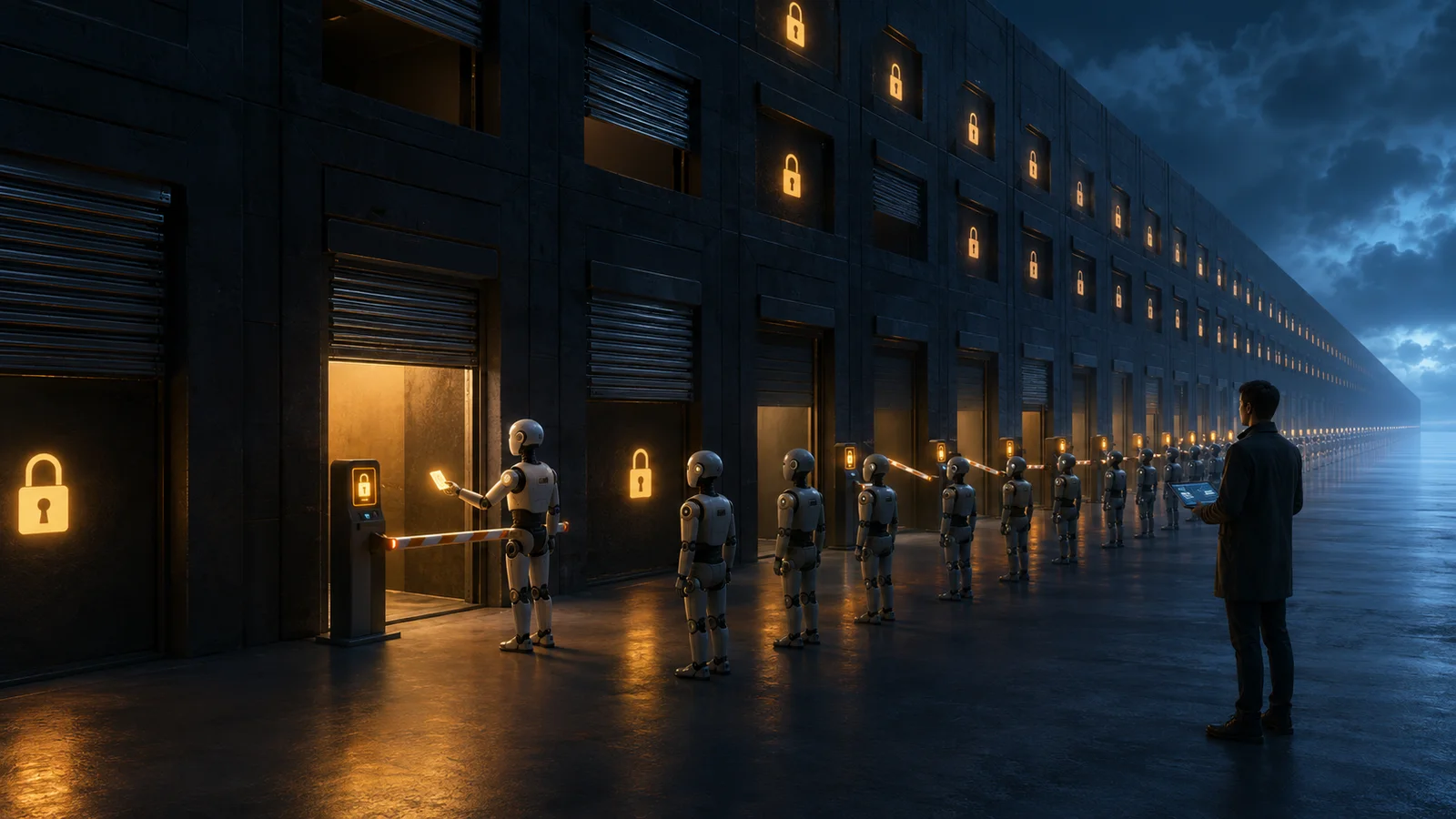 A dark wall of glowing API doorways; most are shuttered behind padlocks while a few have converted to toll gates with meters, and a queue of small AI agents waits at the barrier.