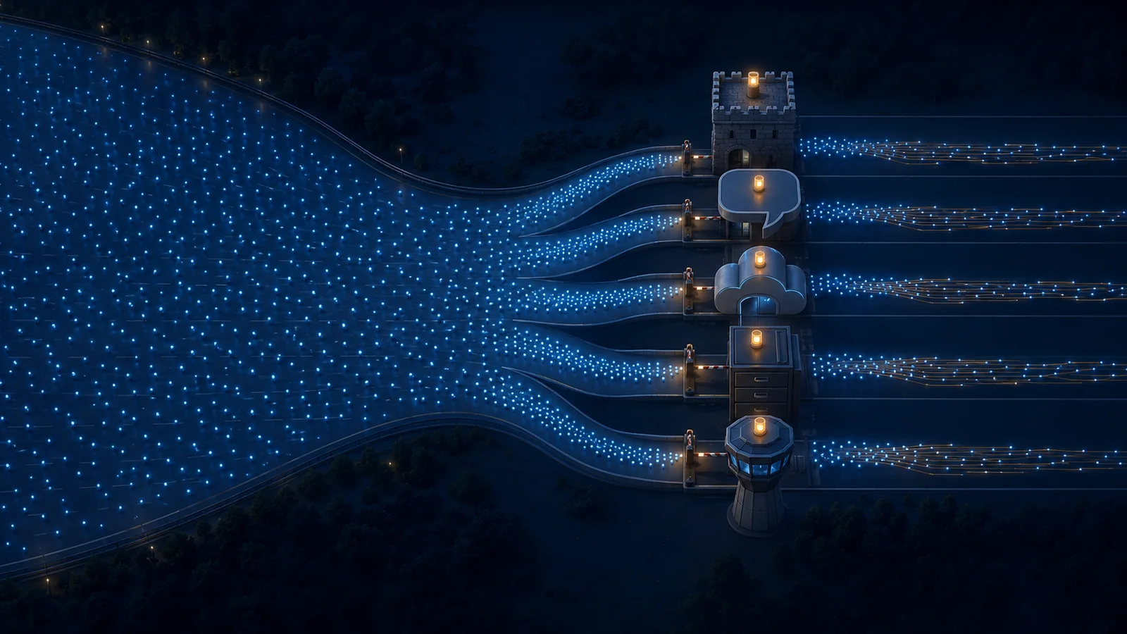 An open commons road converting into a toll road: streams of AI agent traffic that once flowed freely now pass through five metered enterprise gates, each with its own barrier and counter.