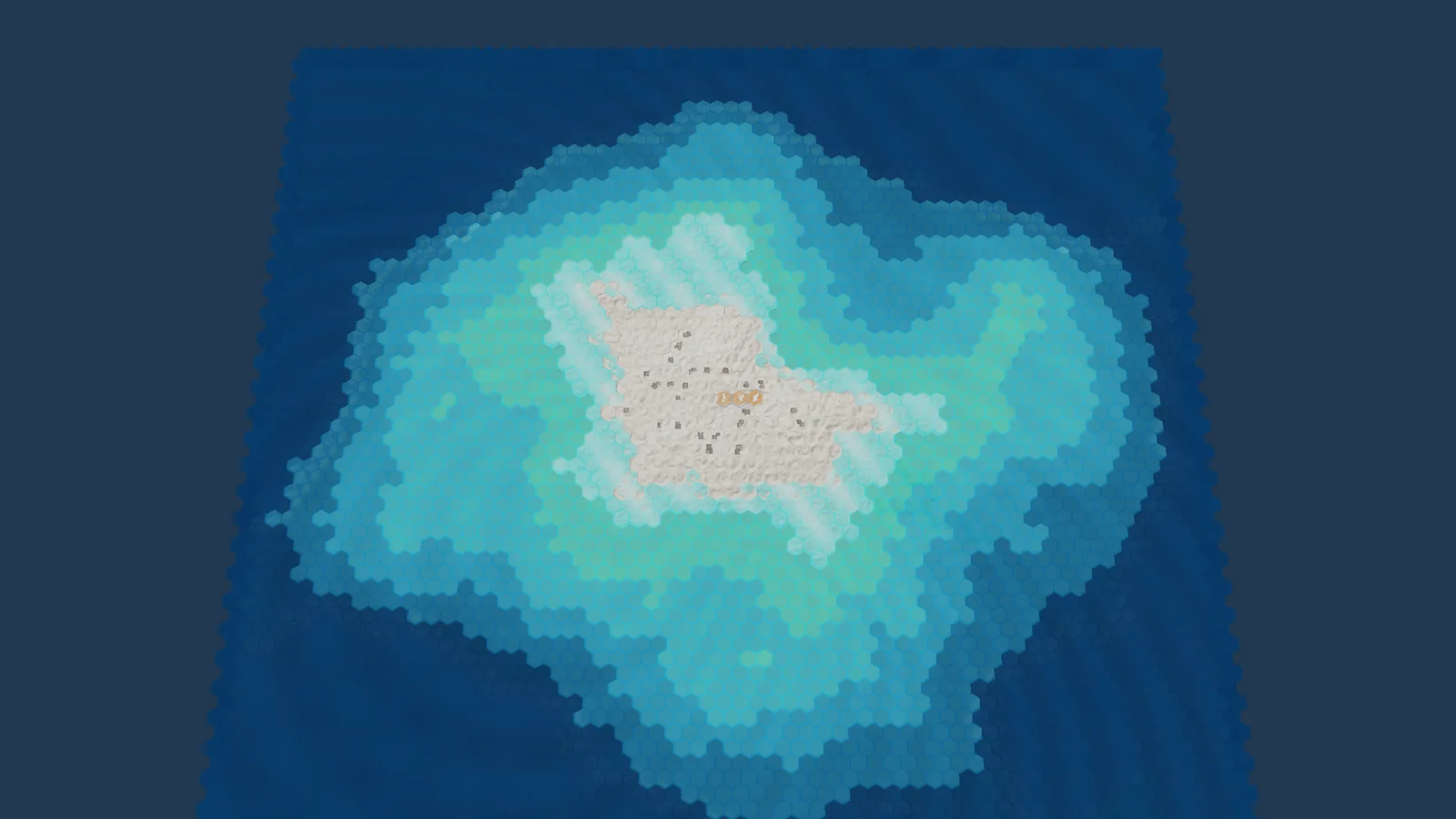 Endtide's strategic hex world map, an island shrinking as the surrounding sea rises tier by tier