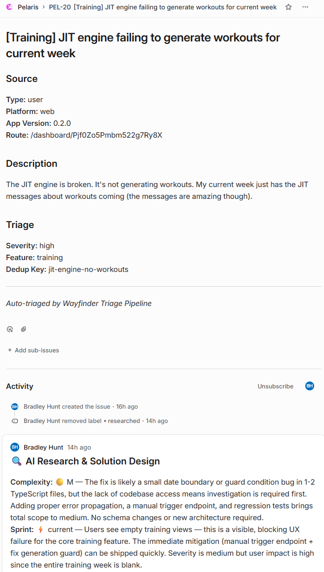Example of an AI-generated Linear ticket - problem statement, implementation approach, acceptance criteria