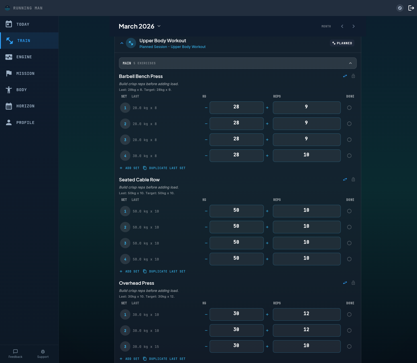 Live workout tracking interface with set logging, RPE capture, and exercise history