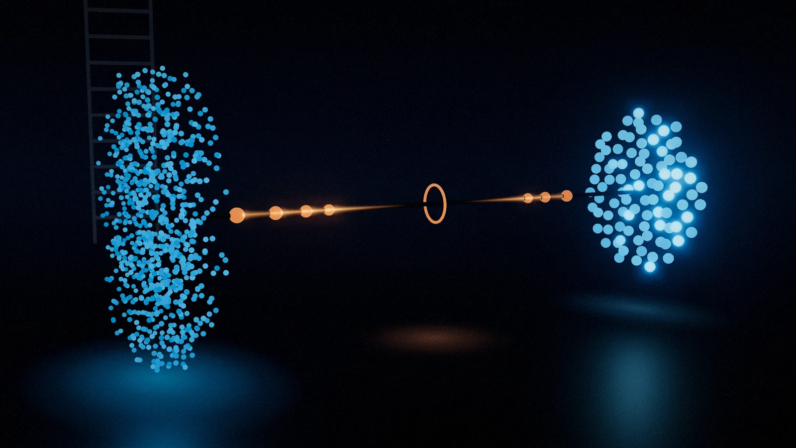 A three-dimensional barbell floating in the dark: one end a dense disc of hundreds of small blue lights, the other a smaller disc of larger, brighter lights. Along the thin bar between them, amber lights trail outward toward both ends, leaving an empty centre marked by an amber ring, while the faint outline of an old ladder rises behind the barbell.