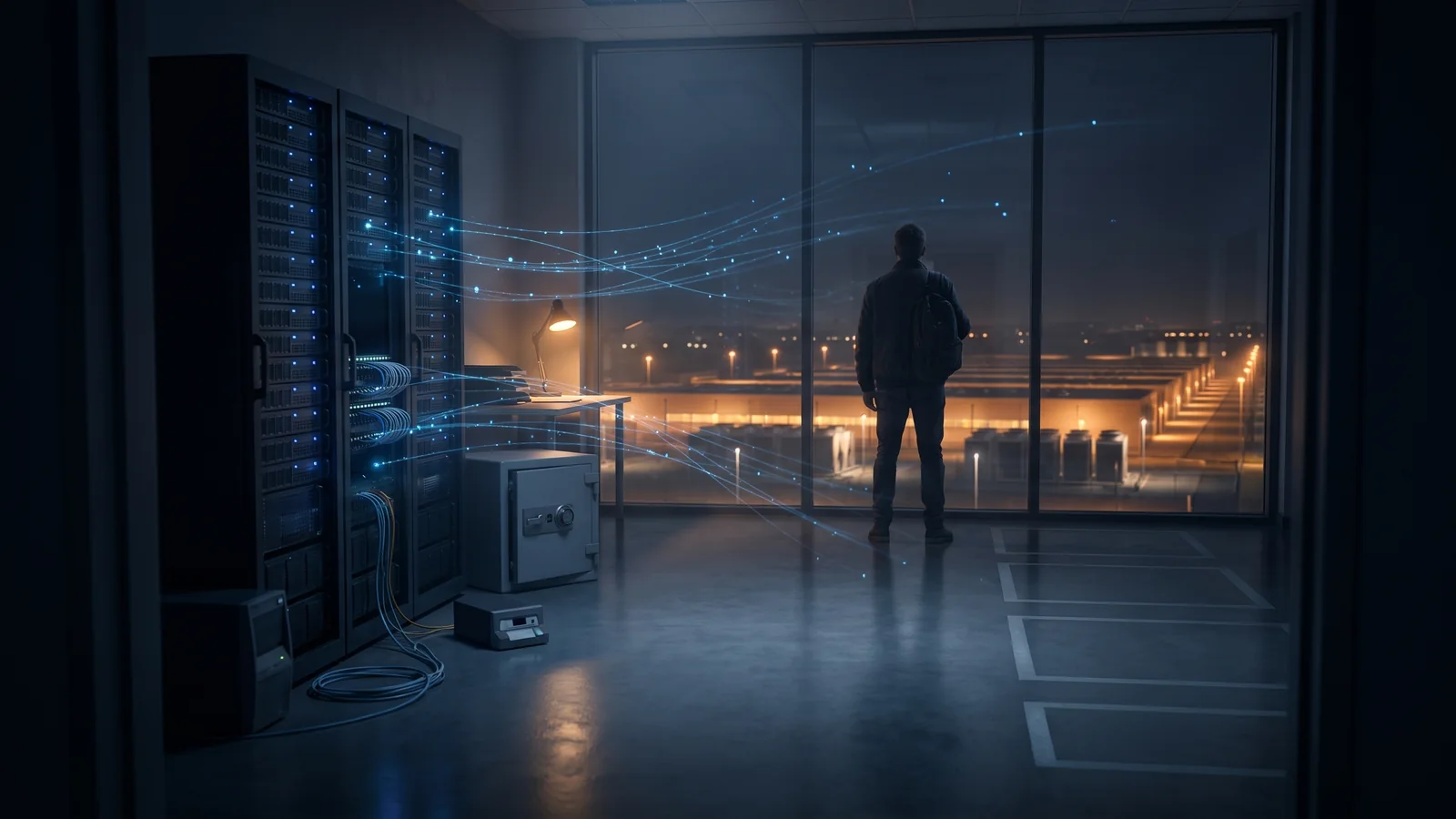 An office comms room at night with its last three server racks still running and pale outlines on the floor where others stood, a tape backup unit and a fireproof safe beside them, as streams of blue light drift out of the racks and through a tall window toward a vast data centre campus glowing amber outside, watched by a lone engineer with a backpack.