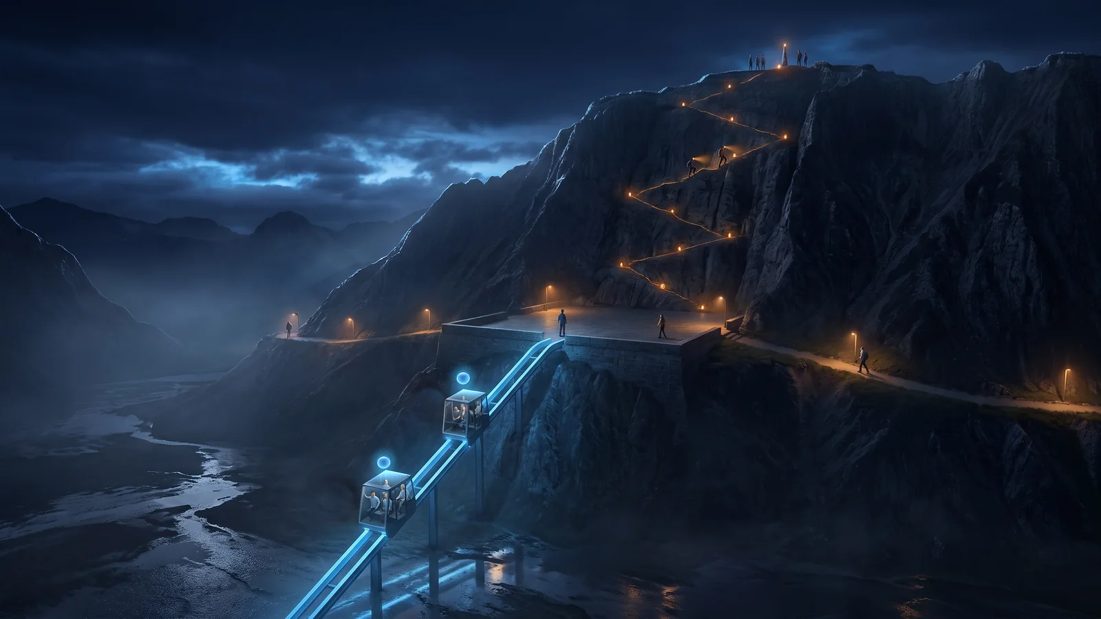 A night mountain scene: a bright funicular of blue light, a small glowing orb riding above each glass car, carries people swiftly up the foothills to a wide, mostly empty terrace halfway up. From there a few figures set off along lit paths around the mountain, and climbers with headlamps follow a long switchback trail of amber lanterns to a small group beside a beacon on the summit.