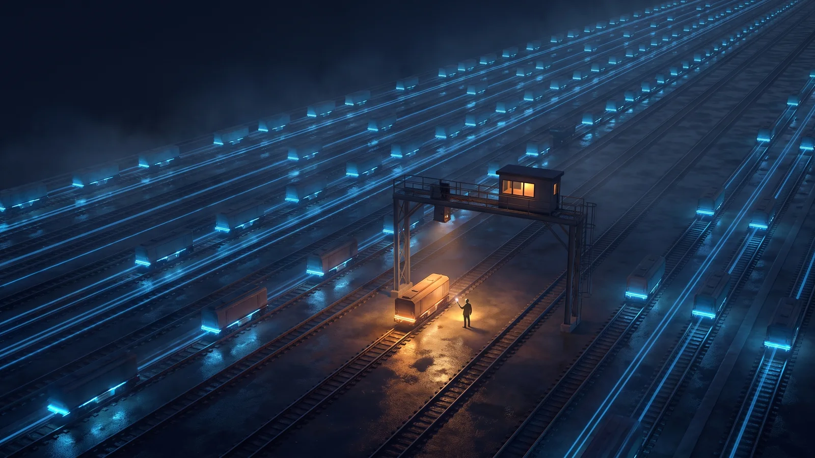 A vast rail yard at night seen from above: hundreds of blue-lit wagons stream along parallel tracks on their own, while one wagon glowing amber has been pulled aside under a pool of warm light, where a lone worker inspects it by torchlight beneath a signal box with one lit window.