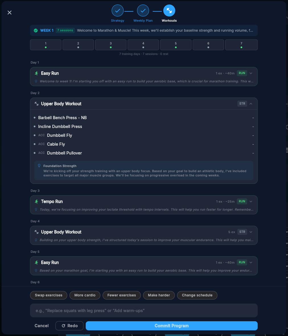 AI-generated training program showing periodized sessions with exercise details and coaching notes