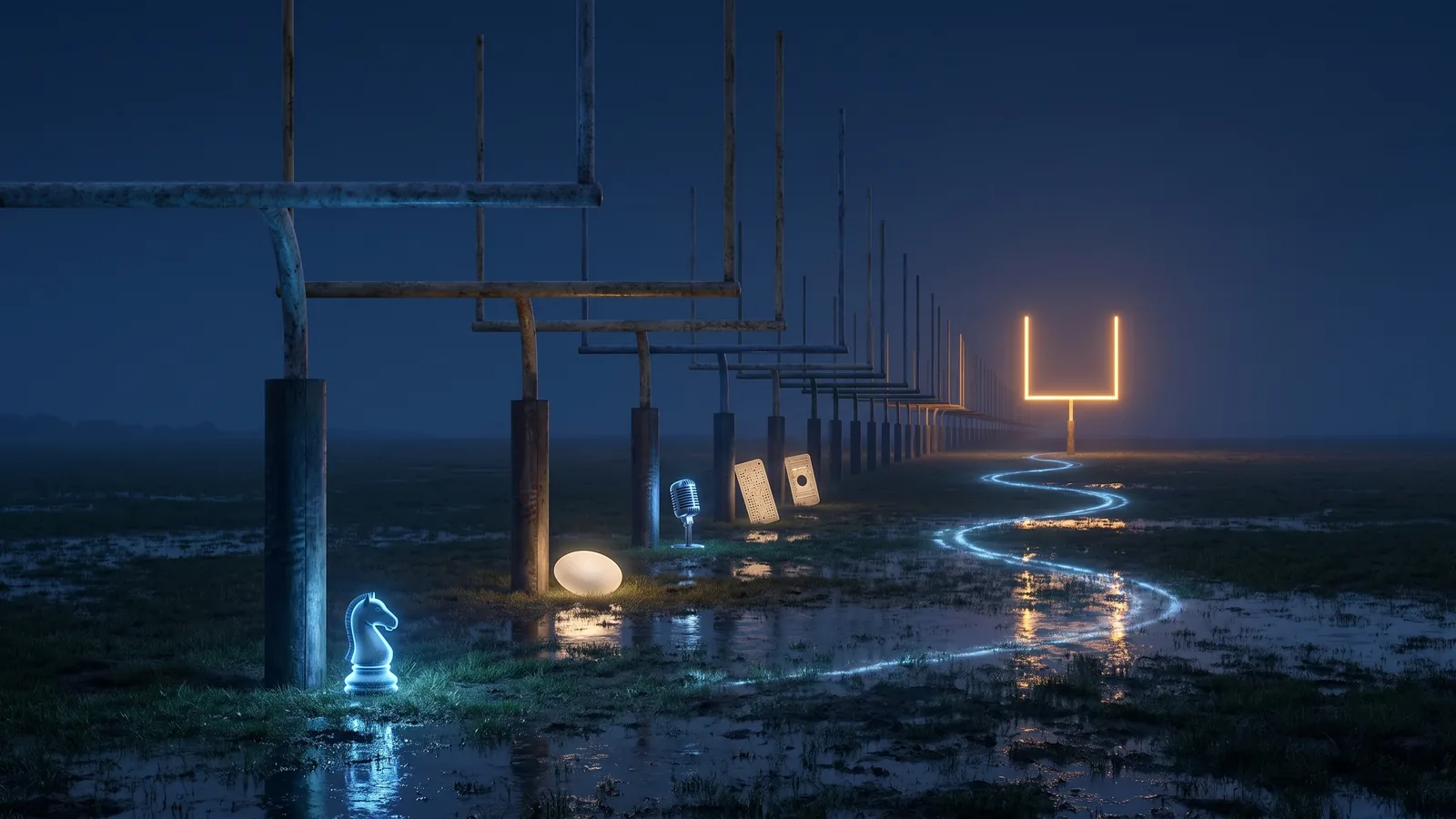 A wide night landscape of a long field with a goalpost standing far in the distance, and a trail of earlier goalposts fading behind the viewer, each marked with a small glowing icon of a past AI milestone such as a chess piece, a Go stone and a speech wave.