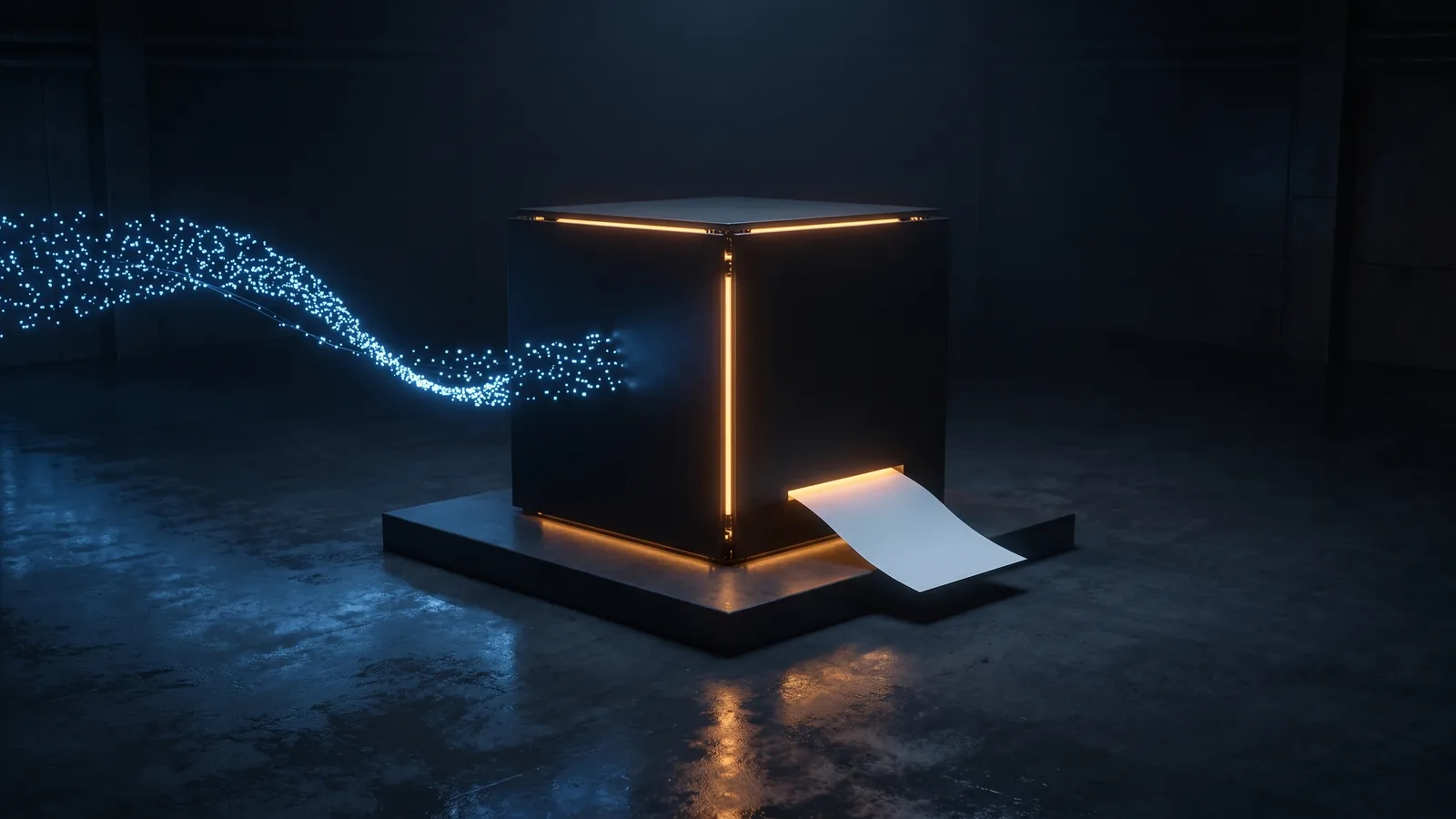 A dark control room where a single sealed glowing cube labelled with a unit sits between a stream of raw model tokens on the left and an invoice on the right, with the inside of the cube hidden from view.